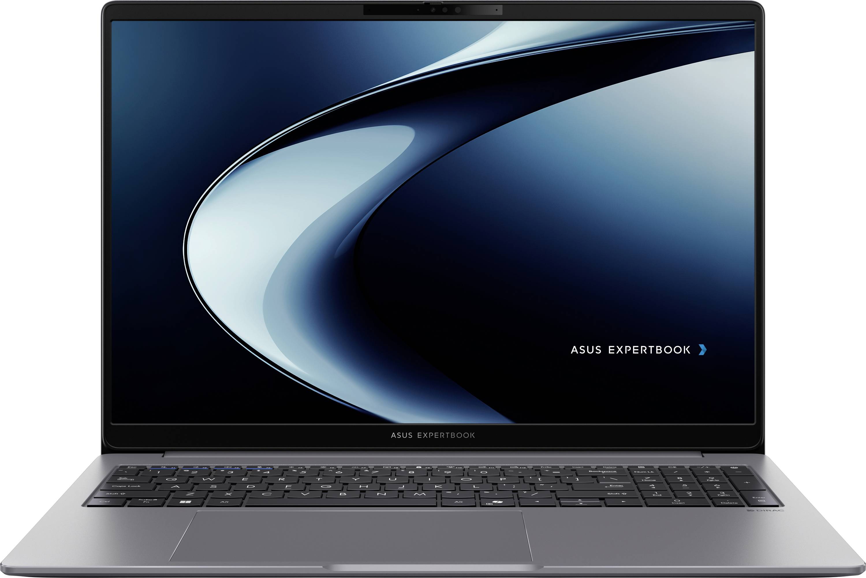 Un ordinateur portable affichant le logo ASUS ExpertBook sur l'écran, doté d'un design élégant avec un fin cadre et un clavier de couleur sombre.