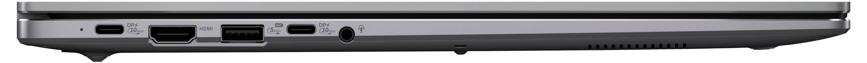 Une vue latérale rapprochée d'un ordinateur portable fermé montrant des ports comprenant USB, HDMI, Ethernet et une prise casque.