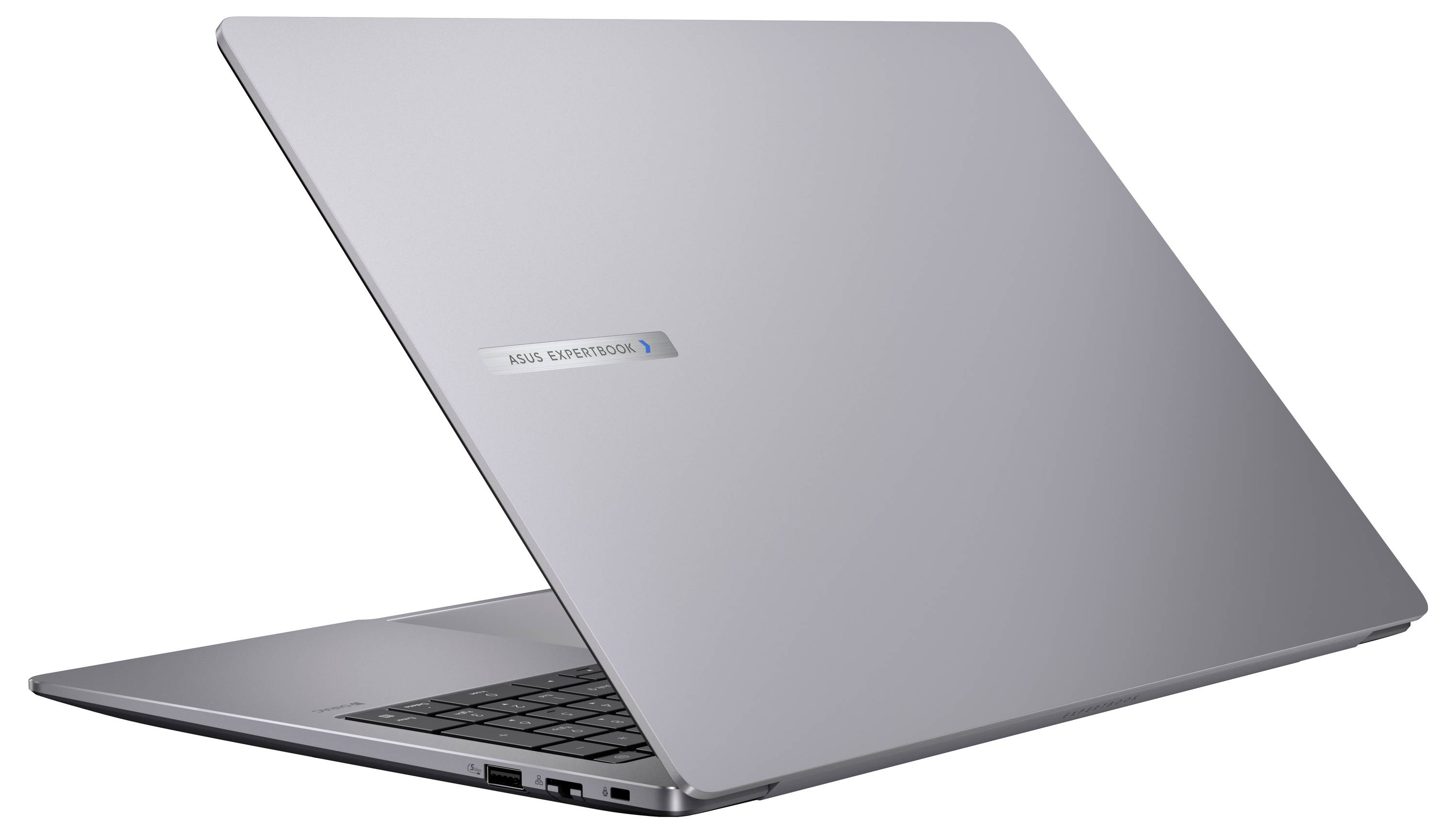 Un ordinateur portable élégant, argenté, à moitié ouvert, vu de dos. Le logo sur le couvercle affiche « ASUS EXPERTBOOK ». L'ordinateur portable est placé sur un fond blanc.