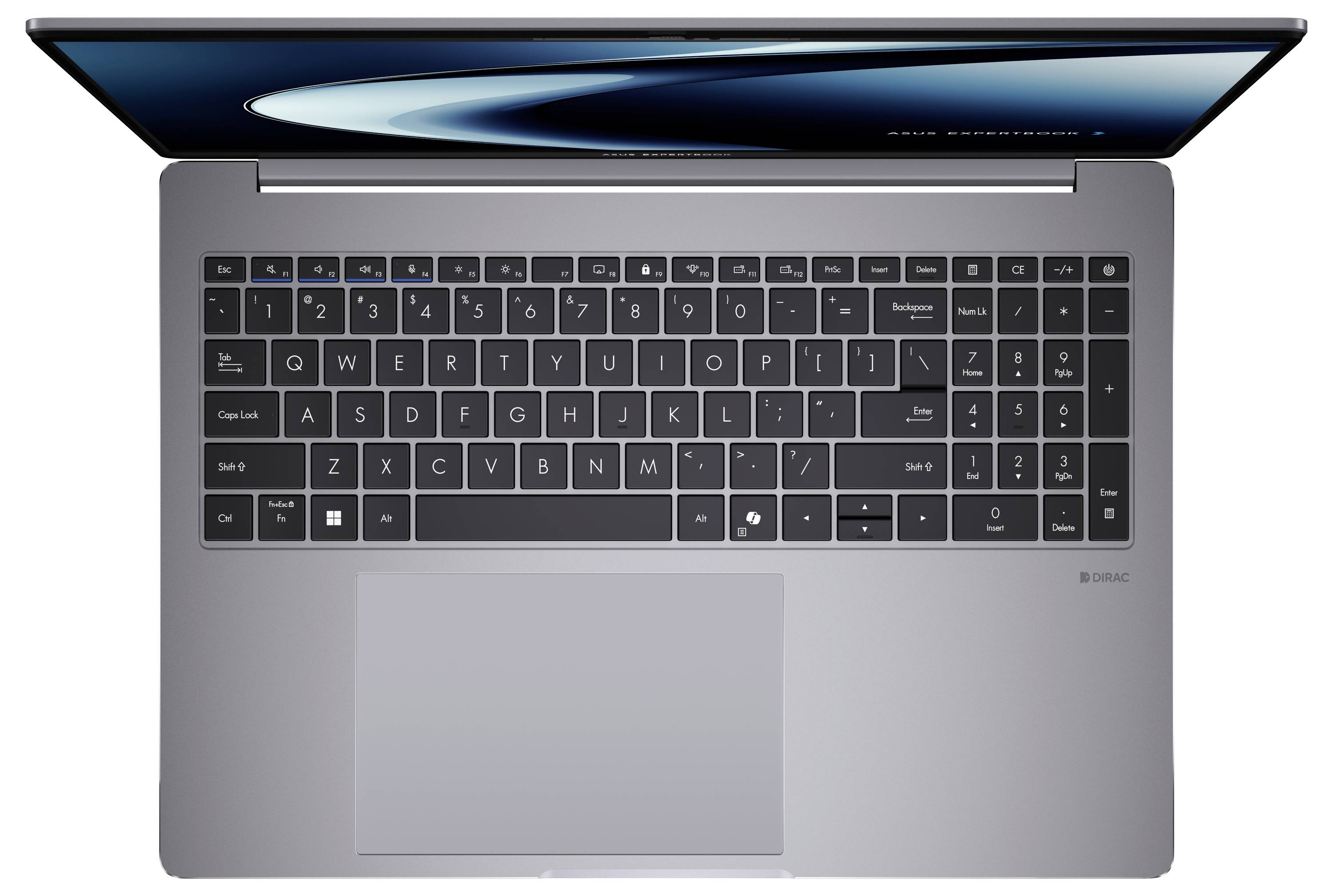 Une vue de dessus d'un ordinateur portable ouvert montrant un clavier avec un grand pavé tactile et un écran à bordure fine affichant un design abstrait subtil.