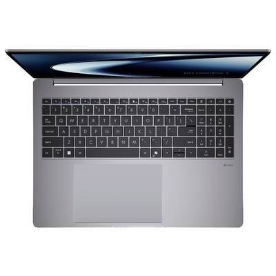 Une vue de dessus d'un ordinateur portable ouvert montrant un clavier avec un grand pavé tactile et un écran à bordure fine affichant un design abstrait subtil.