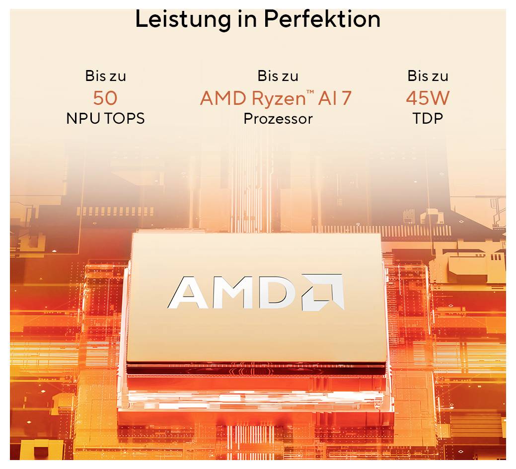 « Performance en perfection » avec une puce AMD. Caractéristiques : jusqu'à 50 TOPS NPU, processeur AMD Ryzen AI 7, TDP allant jusqu'à 45W.