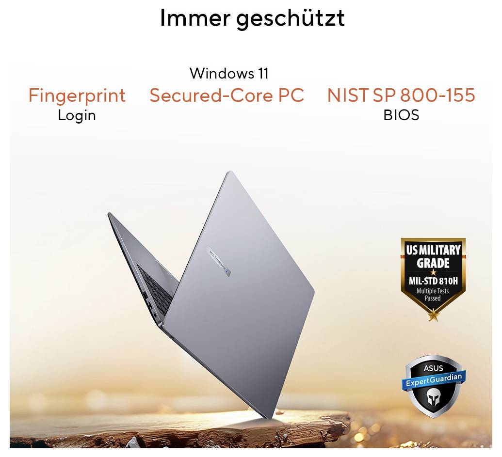 Un ordinateur portable argenté avec un écran affichant des fonctionnalités de sécurité : « Connexion par empreinte digitale », « PC Windows 11 Secured-Core », « BIOS NIST SP 800-155 ».