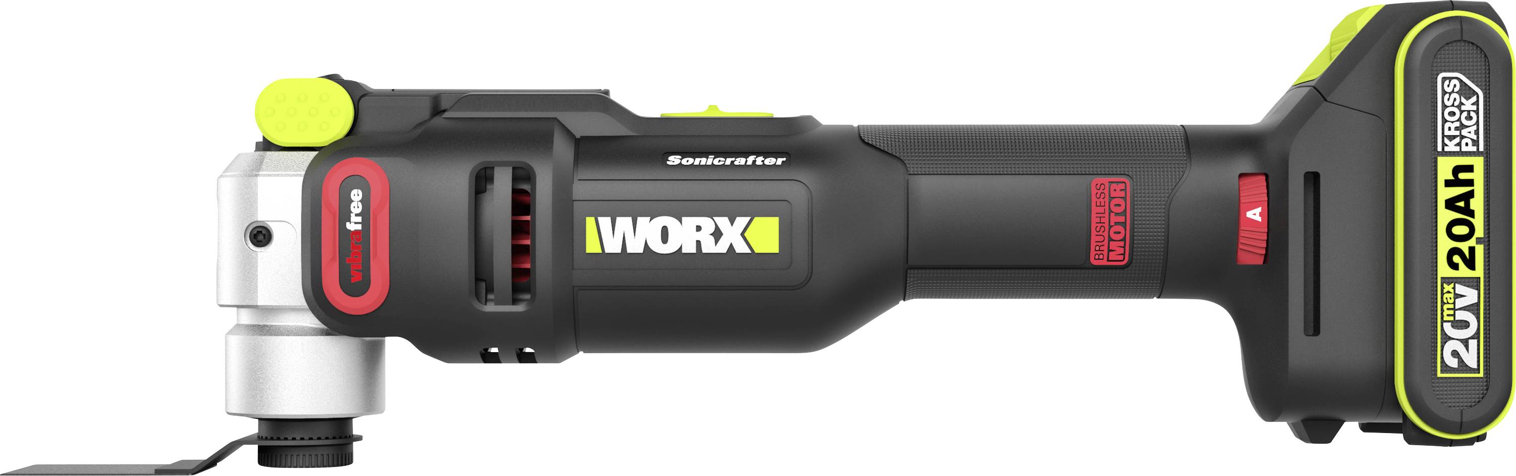 Perceuse d'angle droit sans fil WORX avec batterie attachée, présentée en vue latérale sur un fond blanc.