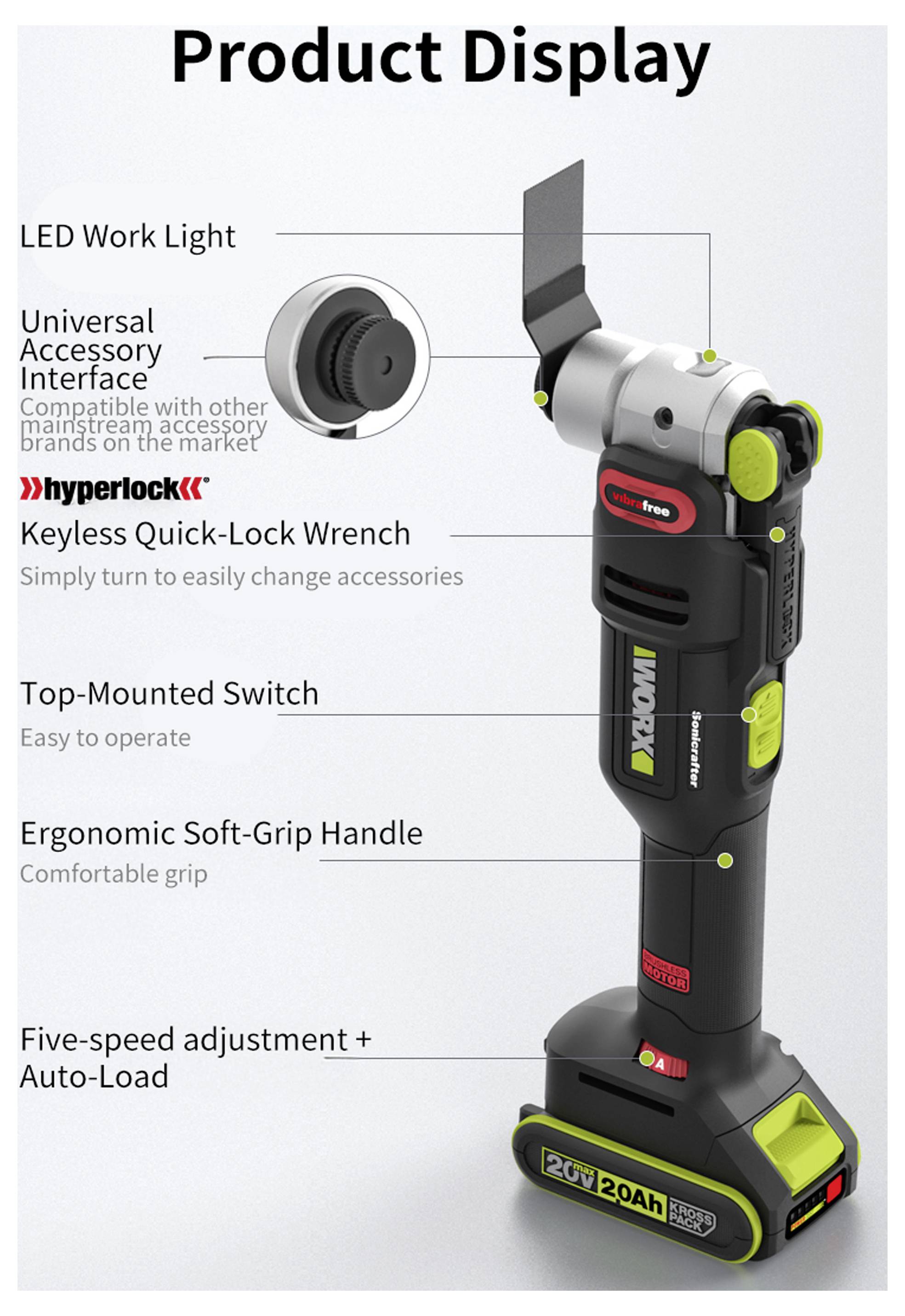 Worx Professional WU698 Outil multifonction sans fil brushless, + 2 batteries, + chargeur, + accessoires, + housse 20 V -15
