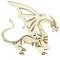 Un modèle de puzzle 3D en bois d'un dragon avec des détails découpés intriqués, présentant des ailes déployées et une queue enroulée.