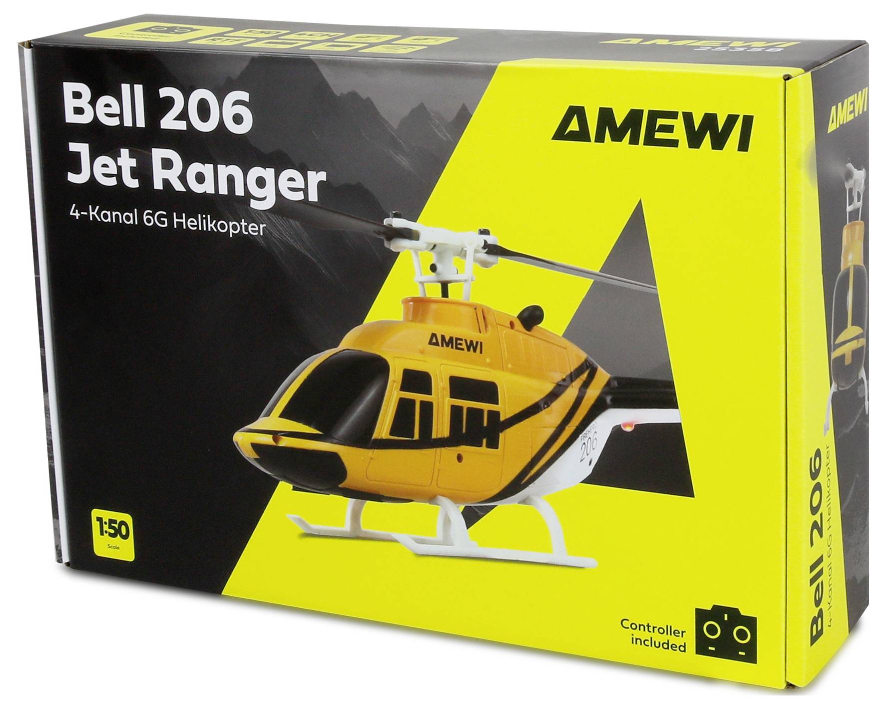 Boîte présentant un modèle réduit d'hélicoptère étiqueté « Bell 206 Jet Ranger », avec une image de l'hélicoptère jaune et la marque « Amewi ».