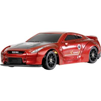 Une voiture de course miniature rouge avec un autocollant portant le numéro '15' sur le flanc, des roues noires et un design élégant.