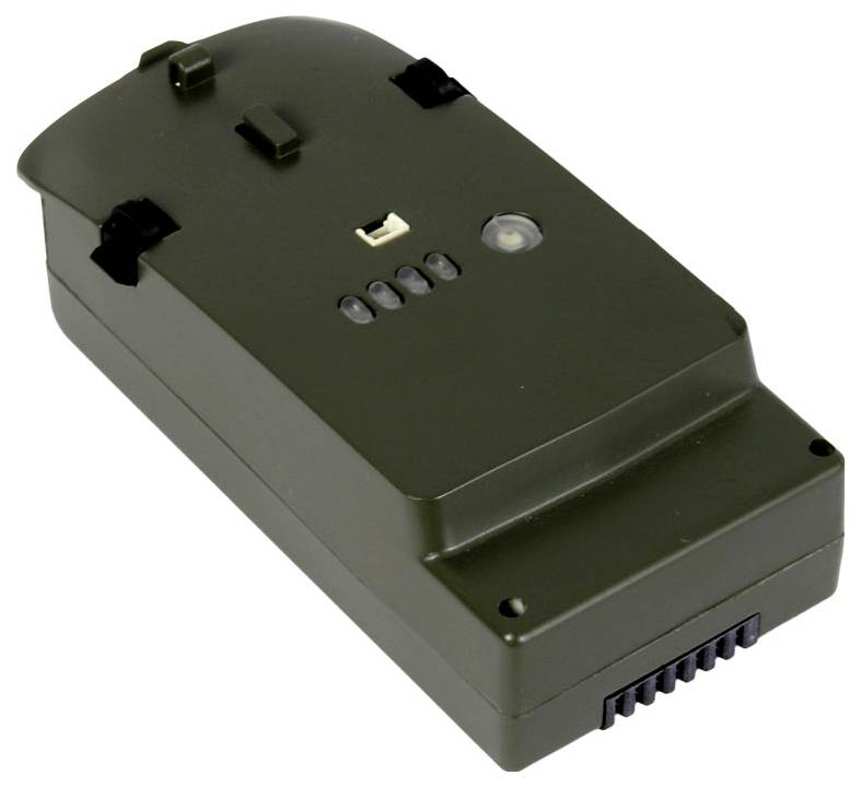 Une batterie de drone rectangulaire verte avec des voyants lumineux et un mécanisme de verrouillage sur le dessus, conçue pour un stockage et une utilisation efficaces de l'énergie.