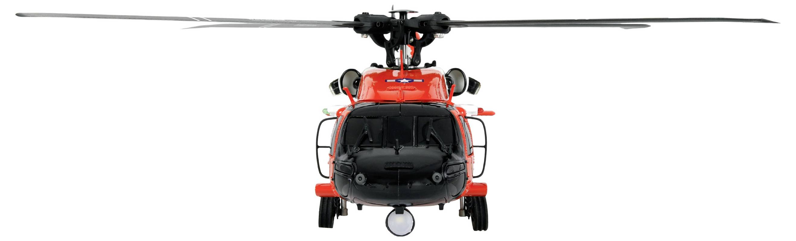 Un hélicoptère rouge et noir vu de face, avec ses rotors et son train d'atterrissage mis en valeur sur un fond blanc uni.