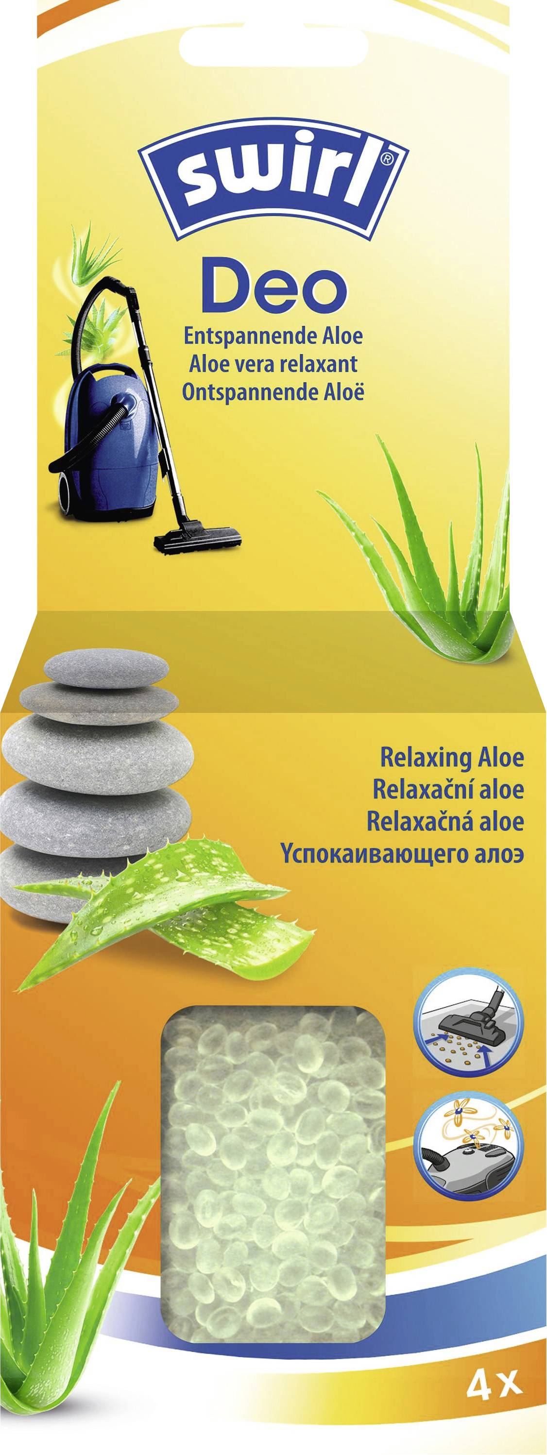 Déodorant Tourbillon 'Swirl Deo' pour aspirateur à la senteur d'aloès. Comprend une image de galets, de plante d'aloès et de feuille d'aloès véra.