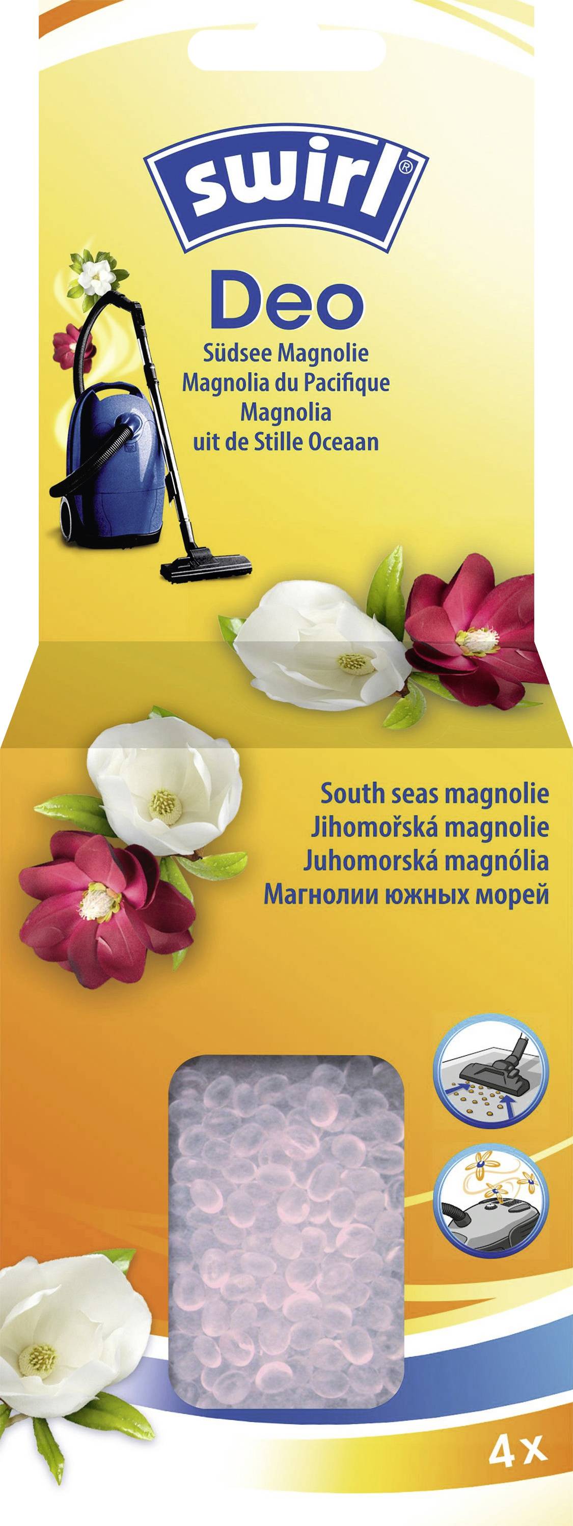 Emballage de 'Swirl Deo' présenté. Caractéristiques incluant une imagerie de magnolia et une icône d'aspirateur, suggérant des désodorisants d'aspirateur aux notes florales. Texte disponible en plusieurs langues.