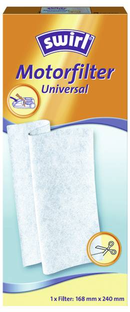 L'emballage de 'Swirl Motorfilter Universal' présente deux filtres aux dimensions de 168 mm x 240 mm, illustrés avec des ciseaux pour la découpe.
