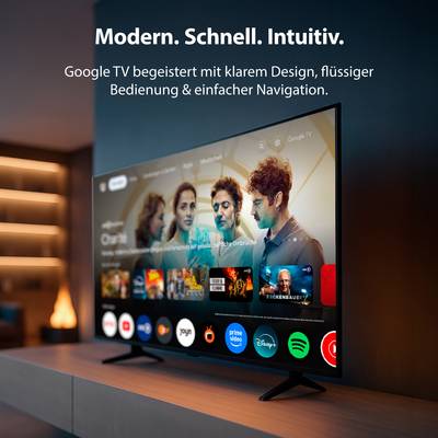 Téléviseur à écran plat avec interface Google TV, affichant divers logos et contenus de services de streaming. Texte : 'Moderne. Rapide. Intuitif.'