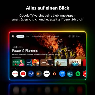 'Tout en un coup d'œil' montre l'interface de Google TV avec des applications comme Netflix et Disney+. Indication d'un accès pratique à vos contenus préférés.