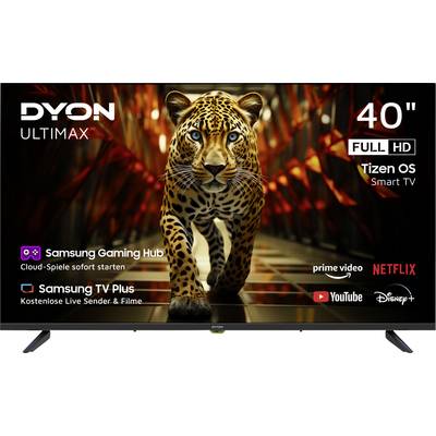 Téléviseur intelligent Dyon Ultimax Full HD de 40 pouces avec système d'exploitation Tizen. Doté du Samsung Gaming Hub, de Samsung TV Plus, et d'applications comme Prime Video, Netflix, YouTube et Disney+.