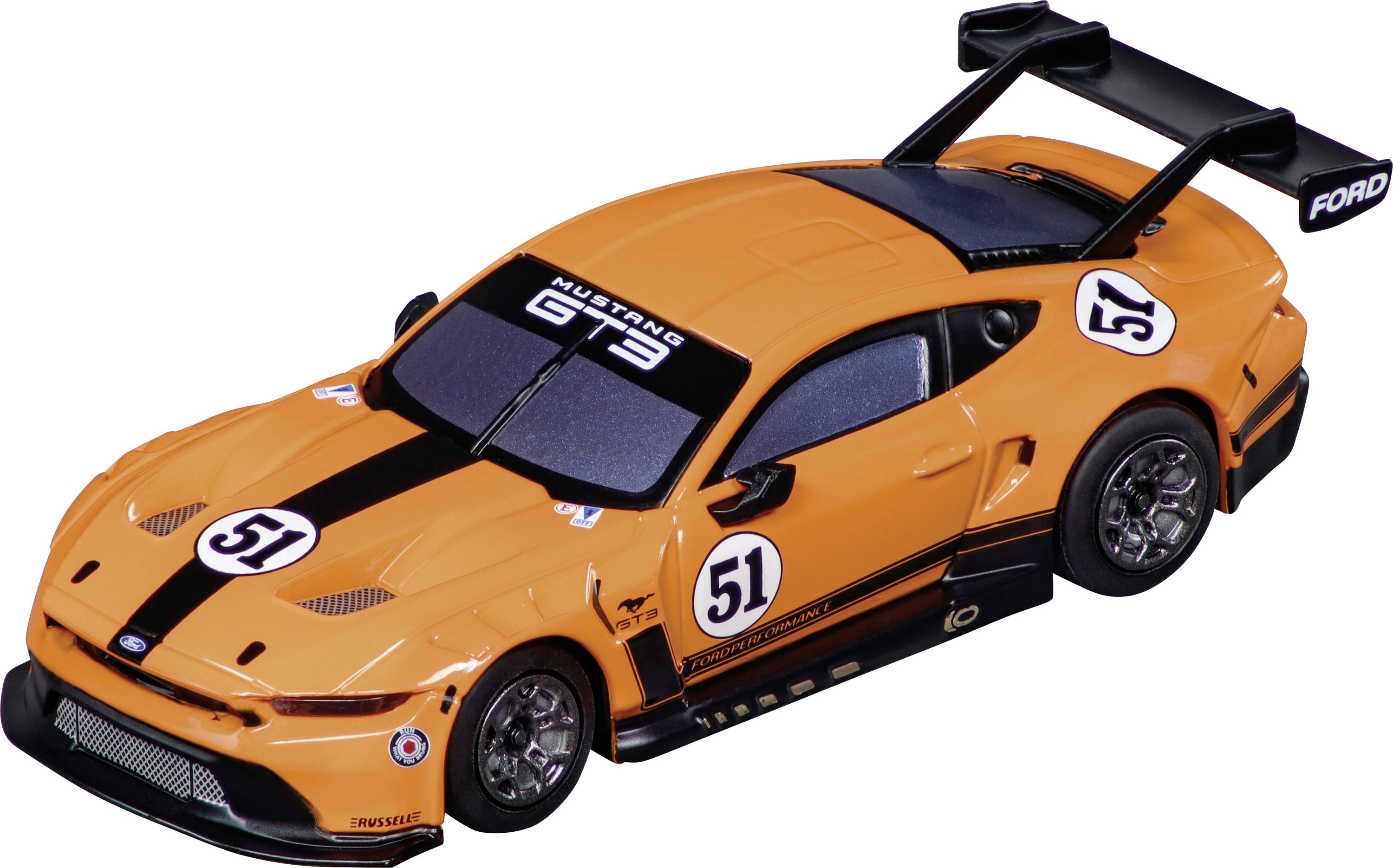 Une Ford Mustang GT3 orange modèle réduit avec le numéro '51' sur le capot et les côtés, doté d'un grand aileron arrière et de bandes de course sombres.