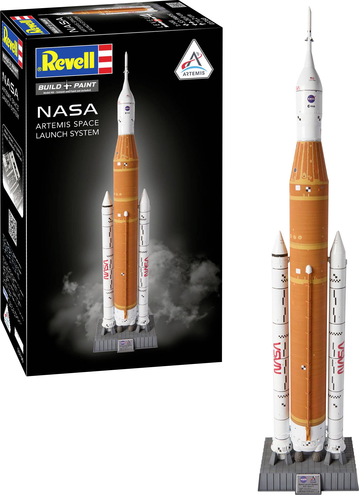 Kit de fusée modèle 'Système de Lancement Spatial Artemis' de Revell, comprenant une fusée détaillée en orange et blanc avec un support d'exposition.