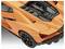 Une voiture de sport orange avec des détails de moteur visibles, présentant un design élégant et des accents noirs à l'arrière.