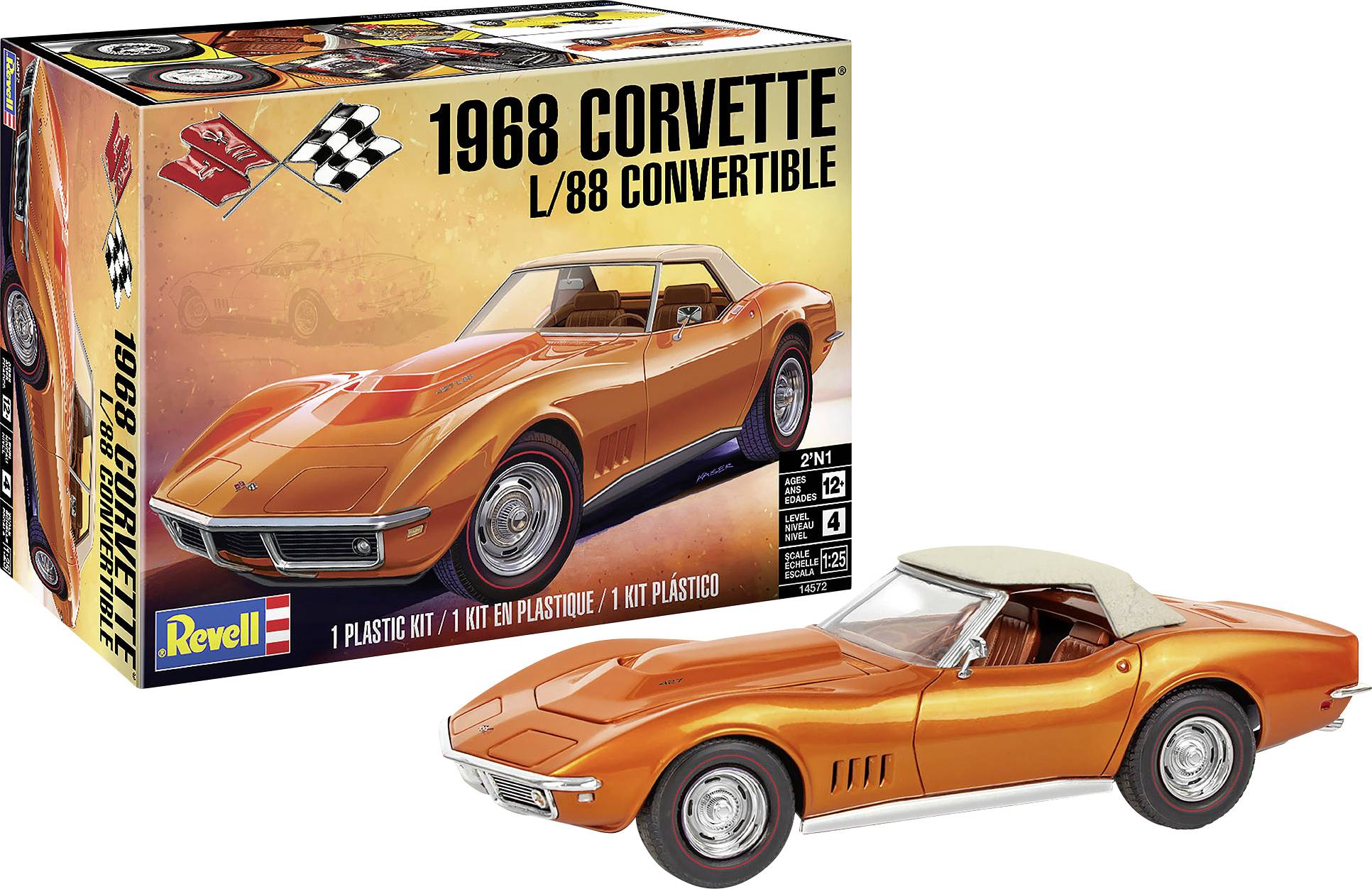 Kit de modèle Revell de Corvette L/88 Cabriolet 1968 en orange. La boîte présente l'image de la voiture et les détails de montage. Échelle 1:25, niveau de difficulté 5.
