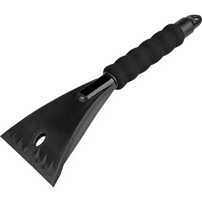 Grattoir à glace en plastique noir avec une poignée texturée offrant une prise en main efficace, présentant des rainures acérées pour un dégivrage optimal.