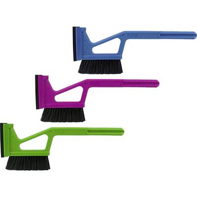 Trois brosses à récurer aux couleurs vives avec des bords en caoutchouc type raclette : bleu, violet et vert, chacune dotée de manches inclinés.