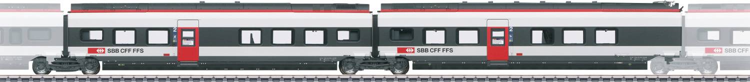 Un train élégant et moderne, aux couleurs rouge et gris, circule sur une voie ferrée.