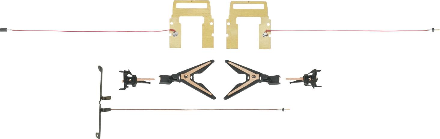 Deux paires de pantographes de train miniature sont disposés sur un fond blanc. La paire supérieure est dorée, et la paire inférieure est noire avec des touches de cuivre.
