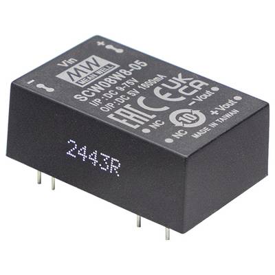 Un composant électronique noir à broches multiples, étiqueté « MEAN WELL SCW08W05 », présentant des spécifications de tension et de courant.