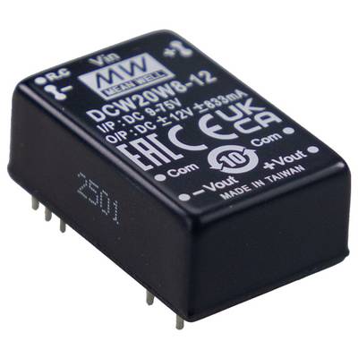 Un convertisseur DC-DC rectangulaire avec une entrée de 8-75V CC et une sortie de 12V CC, 0,833A. Le dispositif, fabriqué à Taïwan, possède plusieurs broches.