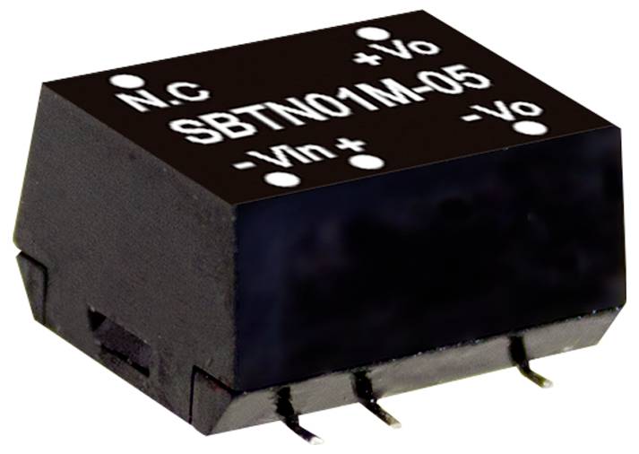 Composant électronique noir étiqueté SBTN01M-05 avec des bornes marquées N.C, +Vo, -Vo, -Vin, et +Vin sur le dessus ; possède trois broches.