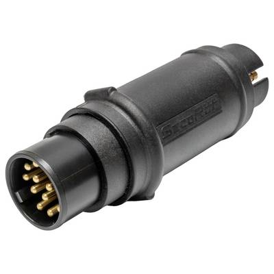 Un connecteur électrique cylindrique noir avec plusieurs broches dorées, utilisé pour connecter des appareils à des sources d'alimentation ou à des émetteurs de signaux.