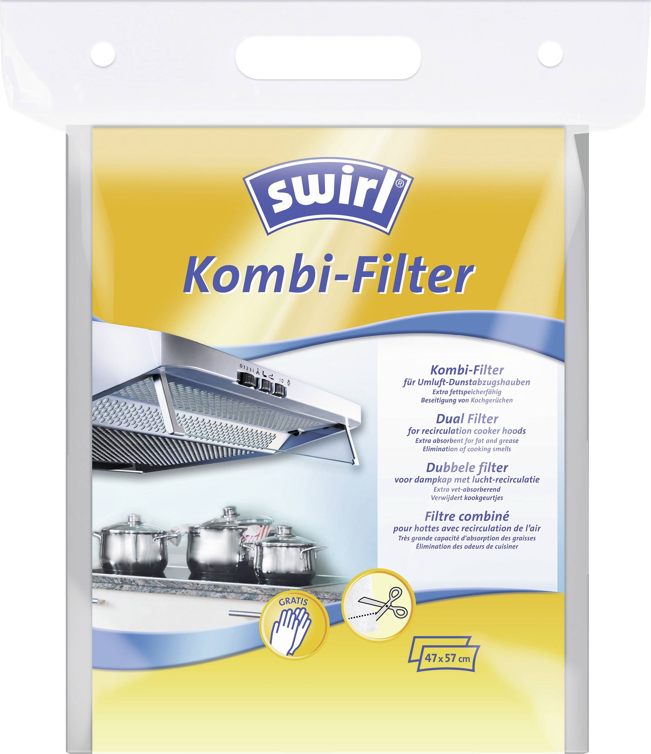 Filtre Kombi-Swirl pour hottes de cuisine. Image montrant une hotte de cuisine avec des casseroles sur une cuisinière, mettant en évidence l'utilisation du filtre.