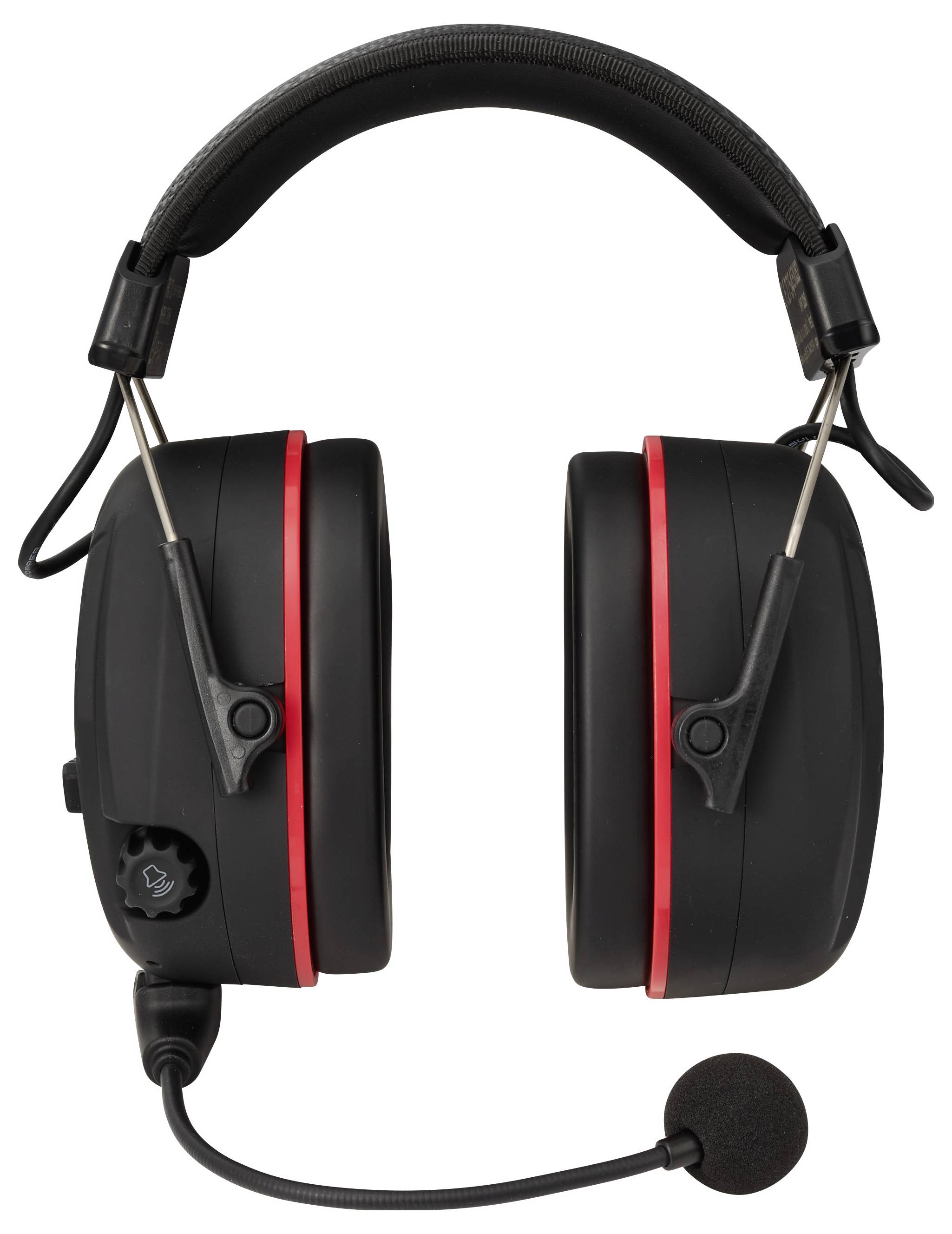 Casque audio supra-auriculaire noir avec microphone à perche et bandes d'accent rouges, présenté sur un fond blanc.
