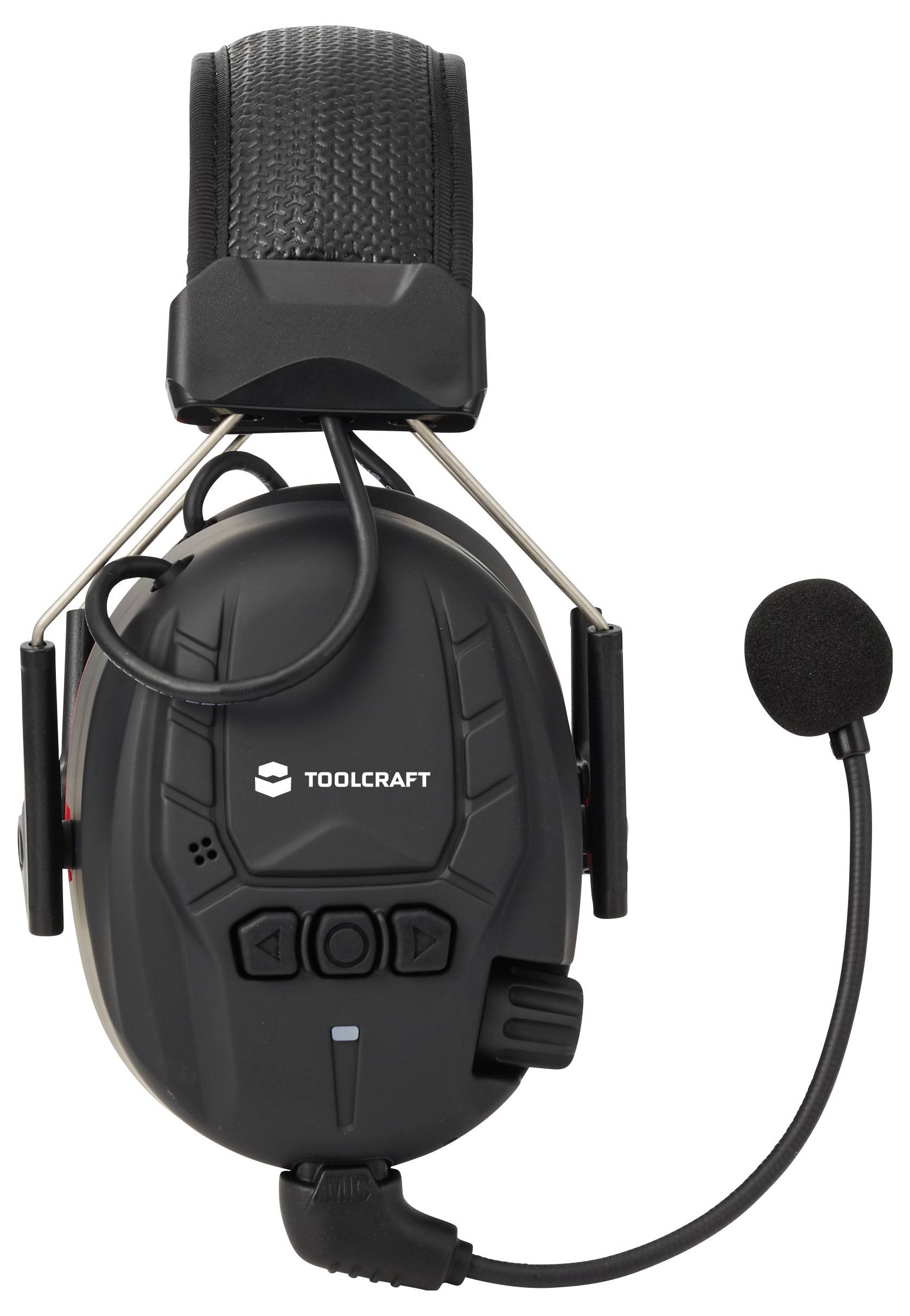 Casque audio Black Toolcraft supra-auriculaire avec microphone boom intégré, présenté sur un fond blanc uni.