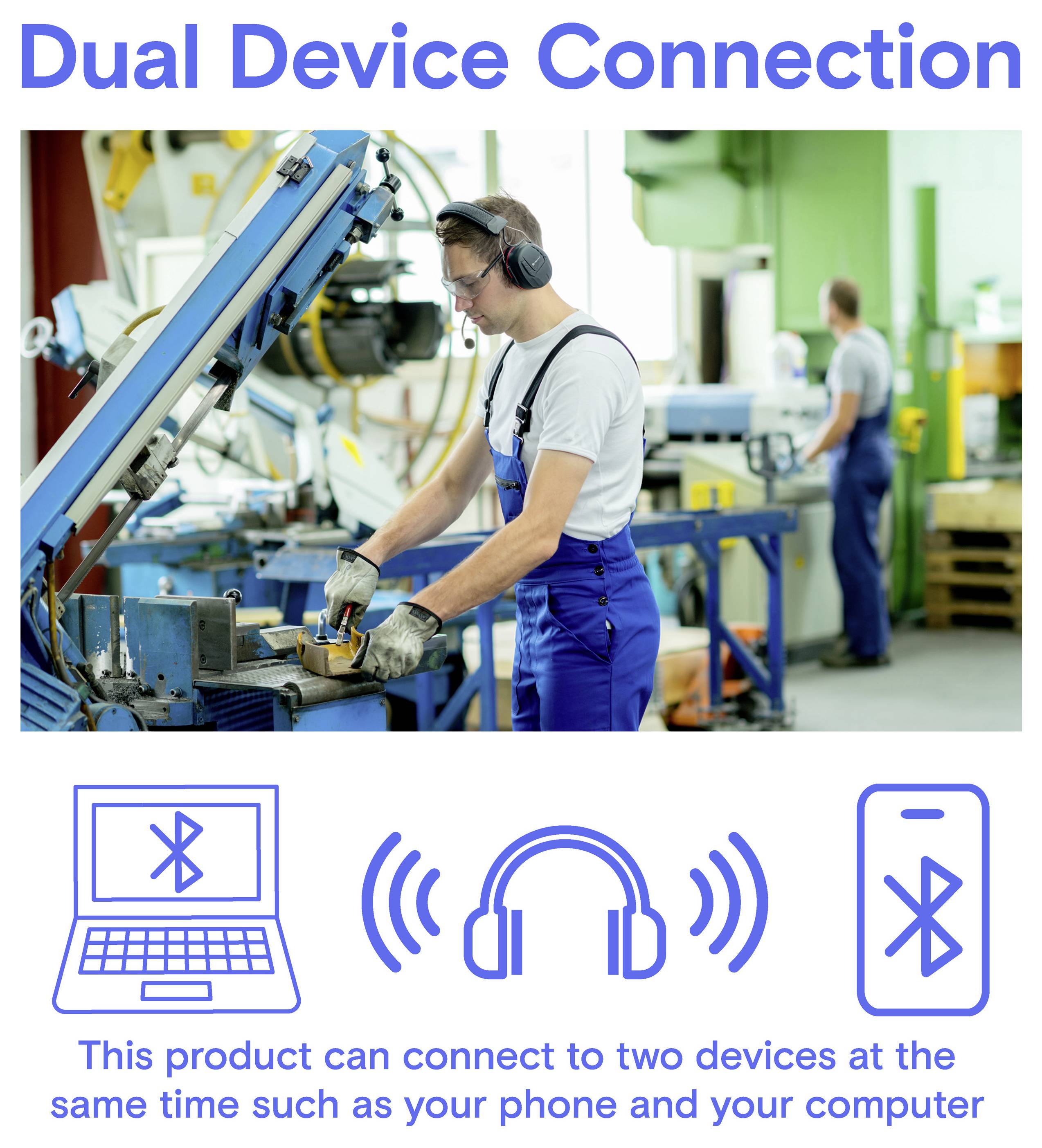 Affiche intitulée « Connexion Double Appareil » montrant un ouvrier d'usine utilisant des machines, avec des icônes d'un ordinateur portable, d'écouteurs et d'un téléphone indiquant que le produit peut se connecter à deux appareils à la fois.