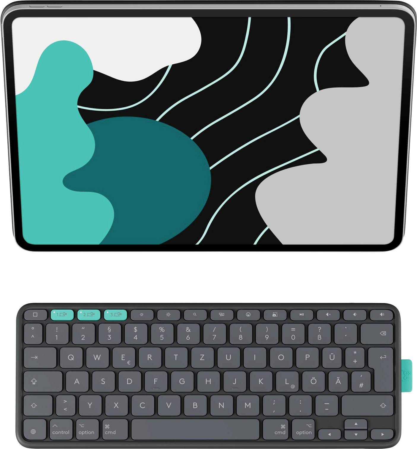 Une tablette avec un design abstrait vert et noir à l'écran, accompagnée d'un clavier compact doté de touches d'accentuation bleu-vert.