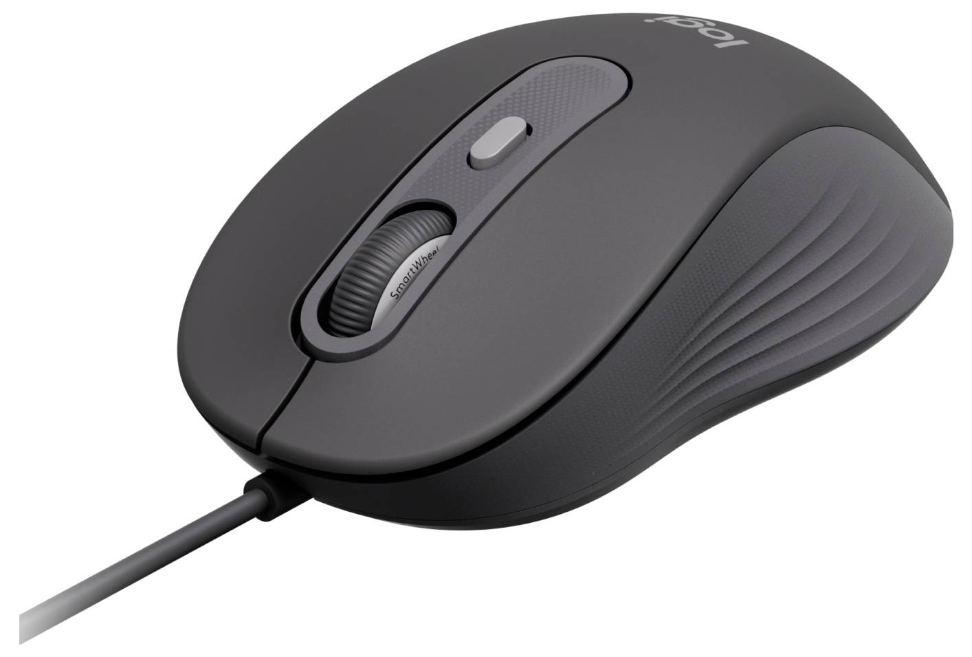 Une souris d'ordinateur filaire noire, équipée d'une molette de défilement et d'un bouton latéral, présentant une conception ergonomique pour un usage confortable.