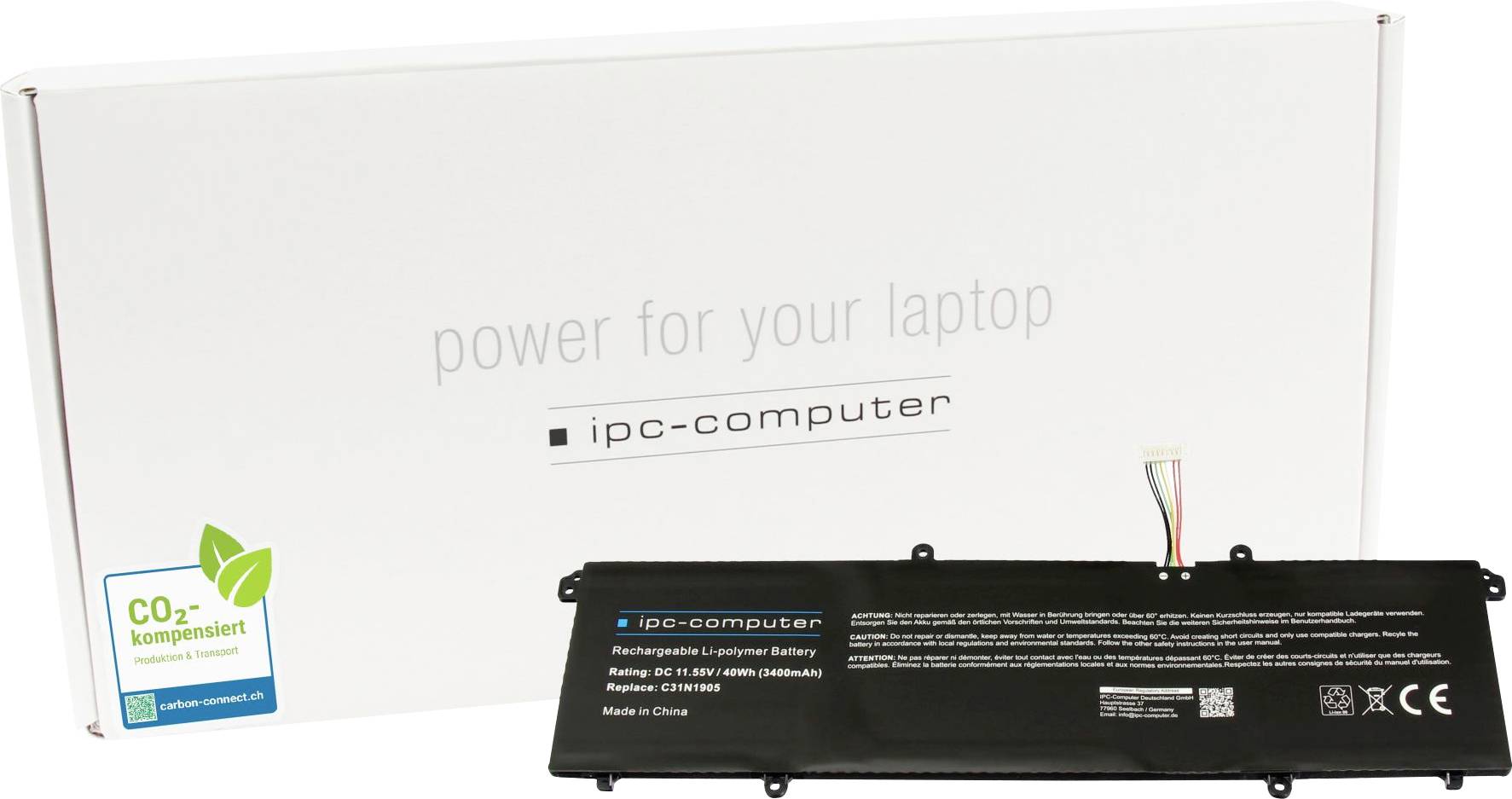 Batterie rechargeable lithium-polymère pour ordinateurs portables de la marque 'ipc-computer' avec un emballage présentant une certification écologique.