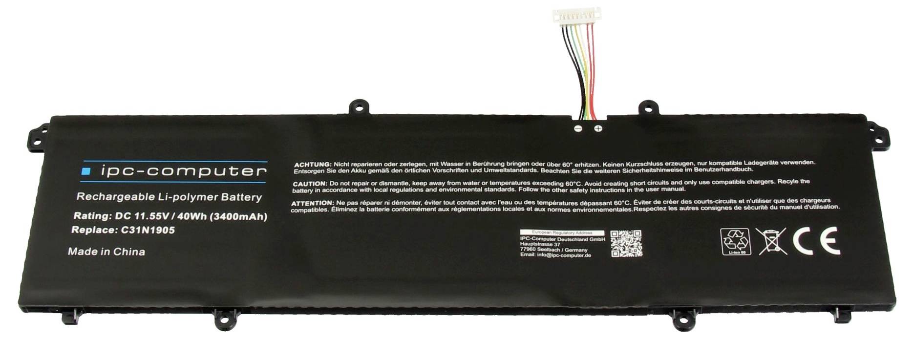 Batterie rechargeable Li-polymère pour ordinateur portable par ipc-computer, tension nominale CC 11,55V 40Wh. Remplace : CS1N1805. Noire, avec connecteur sur le dessus.