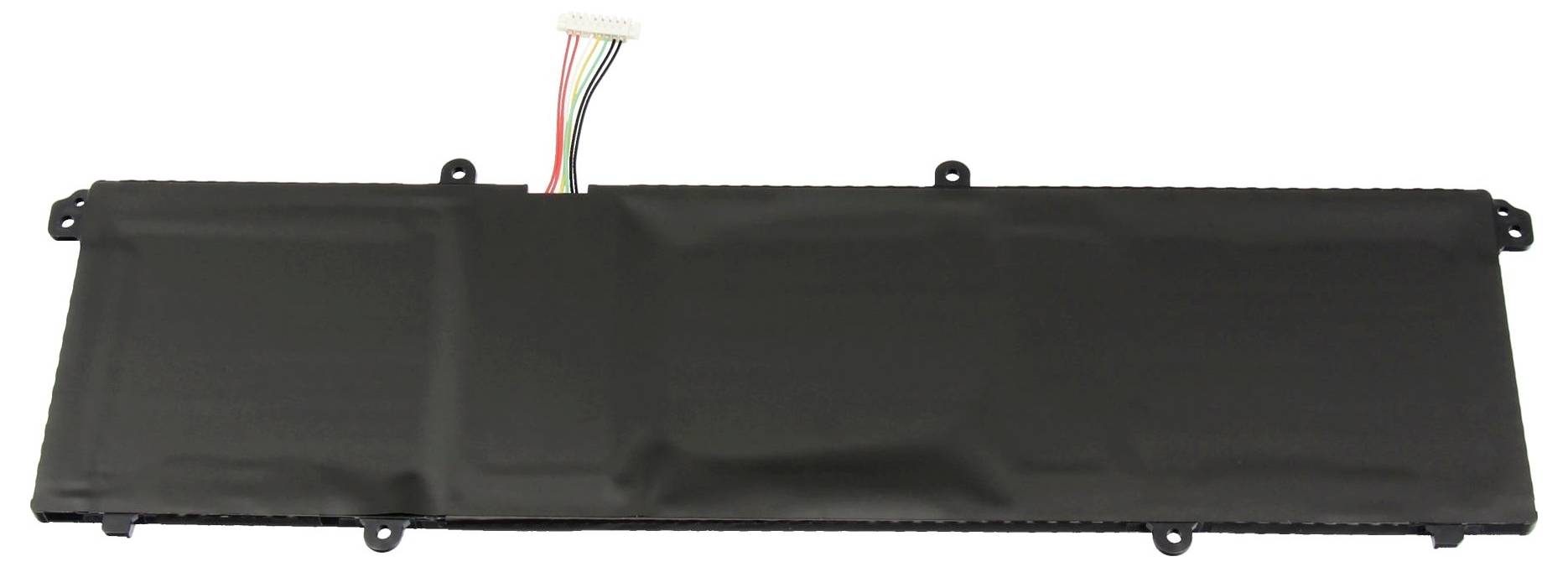 Une batterie d'ordinateur portable rectangulaire noire avec un petit connecteur en haut, présentant plusieurs fils de différentes couleurs.