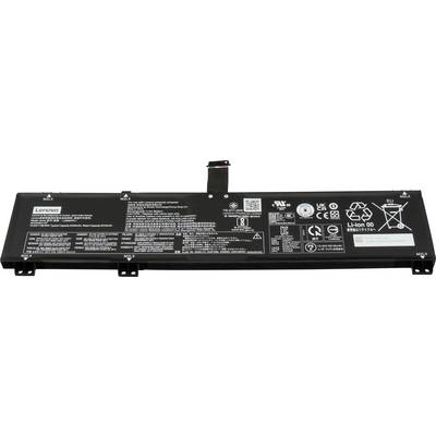 Une batterie rectangulaire noire de portable Lenovo avec des spécifications imprimées et des icônes de sécurité, présentant un connecteur central pour l'installation.