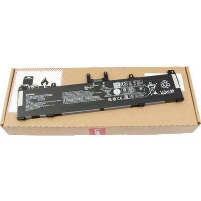 « Batterie d'un ordinateur portable Lenovo posée sur une boîte en carton affichant des symboles de sécurité, des détails du fabricant et des logos de conformité. »