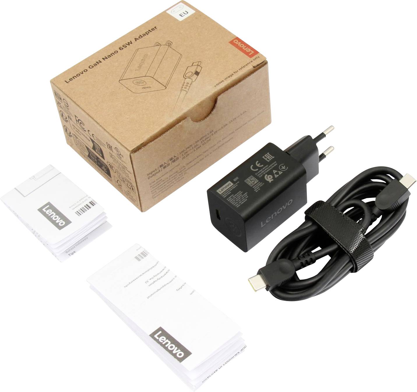 Adaptateur secteur Lenovo USB-C 65W avec câble intégré, boîte d'emballage et brochures d'informations produit.