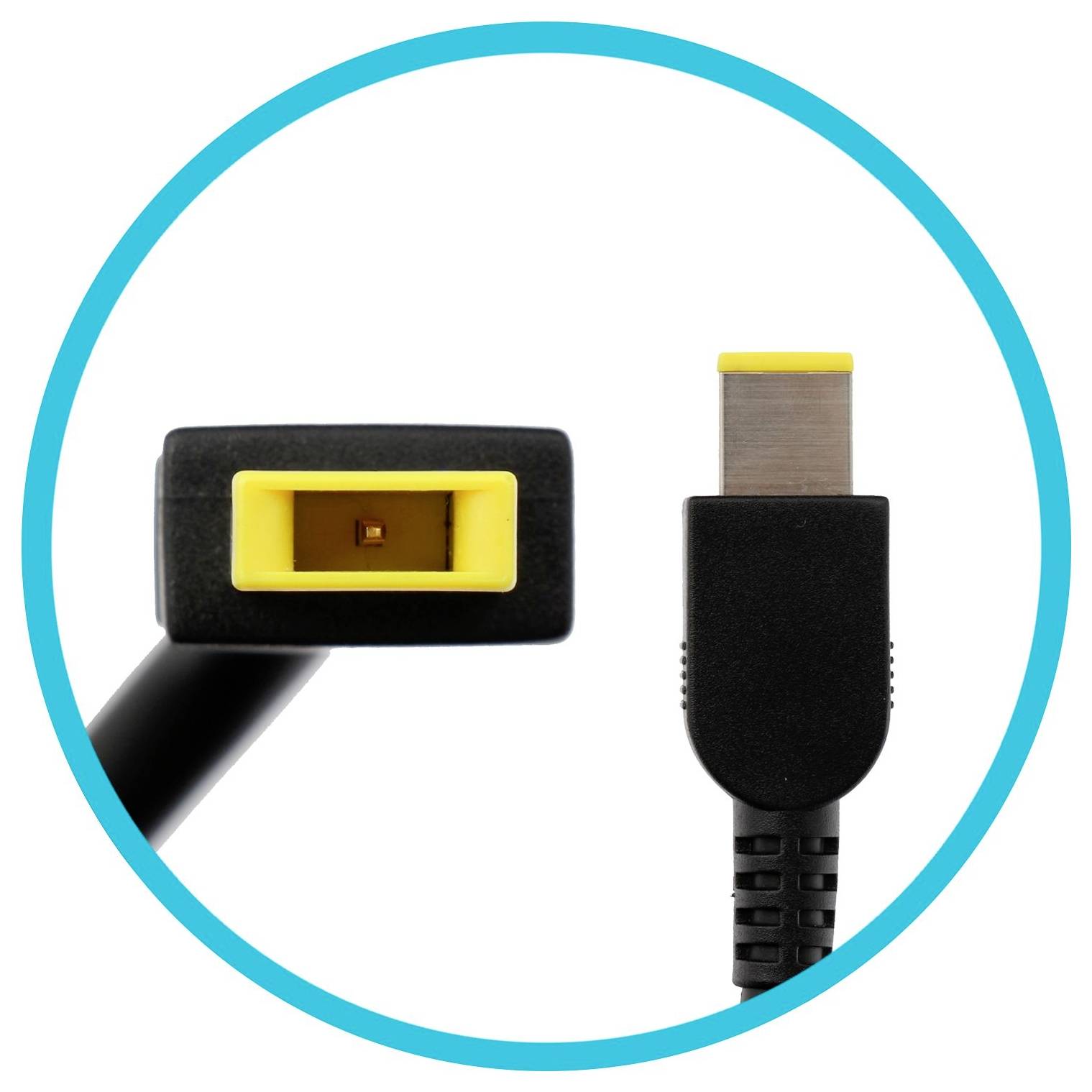 Gros plan d'un connecteur d'alimentation et d'un cordon de portable noir et jaune, montrant la vue de face et de côté, avec une bordure circulaire bleue.