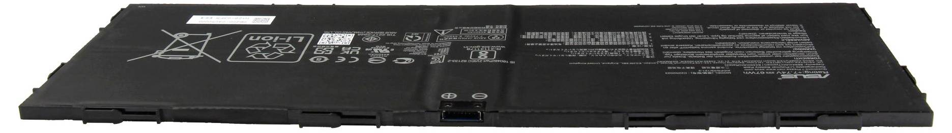 Une batterie d'ordinateur portable avec différentes icônes de sécurité et spécifications imprimées sur sa surface, indiquant des instructions de recyclage et de manipulation.