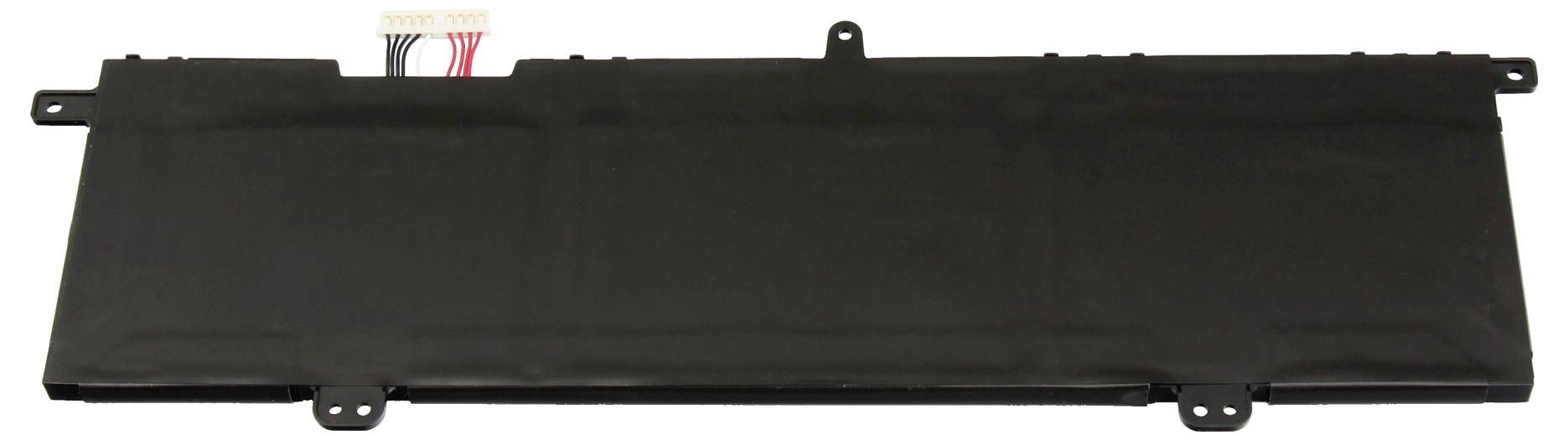Batterie rectangulaire noire pour ordinateur portable avec fils de connexion visibles en haut à gauche.