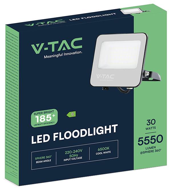 Boîte d'emballage verte pour un projecteur LED V-TAC, mettant en avant des caractéristiques telles que 'Super Lumineux', 30 watts, 5550 lumens, blanc froid 6500K.