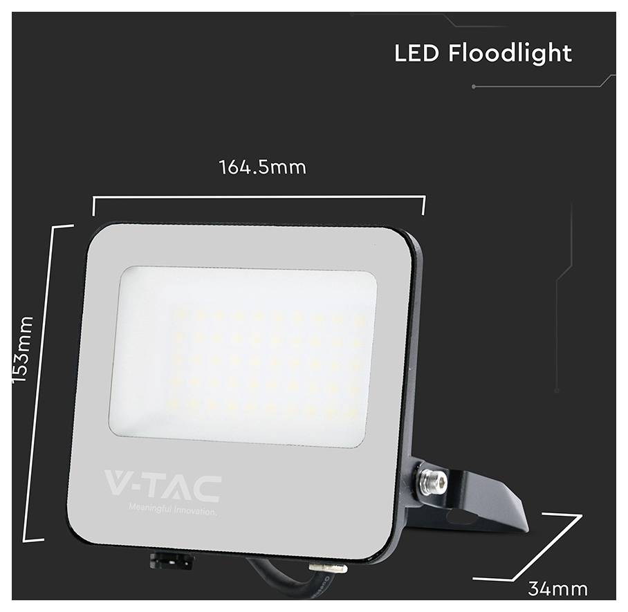 Projecteur LED noir et argent avec dimensions : 153 mm de hauteur, 164,5 mm de largeur et 34 mm de profondeur ; étiqueté « V-TAC » Innovation Significative.