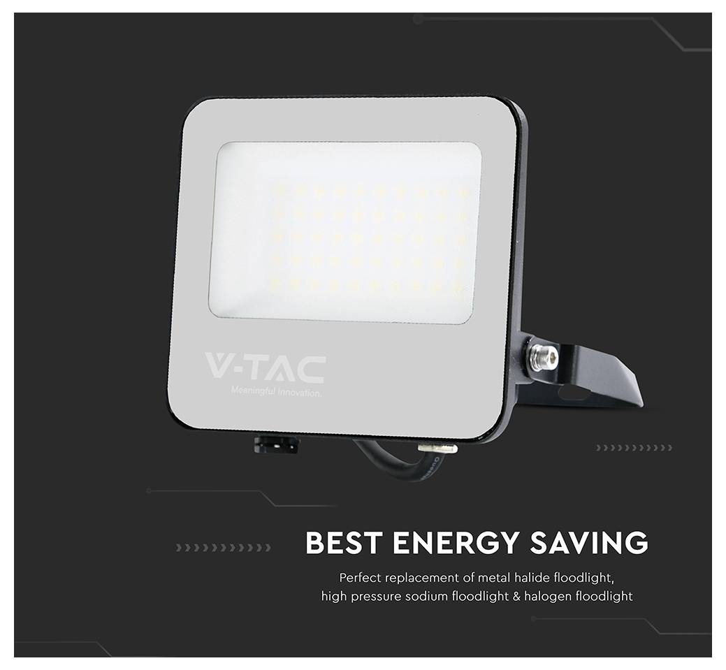 Projecteur LED rectangulaire de V-TAC. Texte : Meilleure économie d'énergie. Remplacement parfait des projecteurs aux halogénures métalliques, aux sodium et aux halogènes.